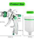 HVLP Gravity Feed Spray Gun Kit with 600ml Cup for Cars Walls Furniture and Home Improvement, dimensions shown