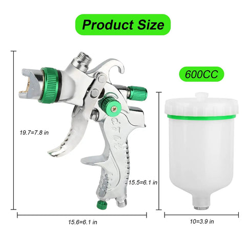 HVLP Gravity Feed Spray Gun Kit with 600ml Cup for Cars Walls Furniture and Home Improvement, dimensions shown