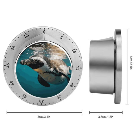 Go To Ocean Penguin Stainless Steel Timer With Magnetic Base, compact 3.1 inch dial, side and front view of kitchen countdown tool