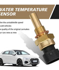 Brass automotive coolant temperature sensor in close-up view, 2-pin plug and threaded fitting.
