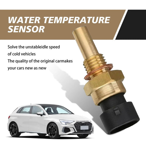 Brass automotive coolant temperature sensor in close-up view, 2-pin plug and threaded fitting.