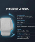 Auto Sensor Cooling Fan Seat Cushion With Breathable Honeycomb Mesh And Dual USB Plus Type C Ports To Keep You Chill And Truly No Sweat During Summer Heat Waves For Chevy Volt Bolt EV Blazer EV showing compatibility and features.