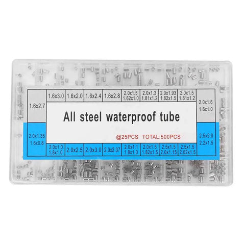 Watch Case Tubes Replacement Kit 500 Pcs In 20 Sizes with labeled sections in clear plastic case