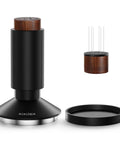 Hella Precise 2 In 1 Espresso Tamper And Wdt Tool With Spring Loaded Calibration For 58 Millimeter Baskets showing black and wood design pieces.