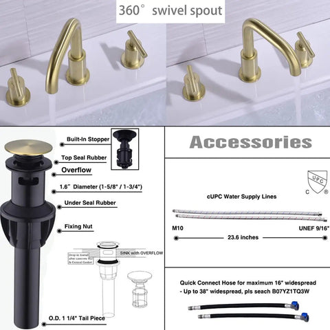 Brushed Gold 8 Inch Widespread Bathroom Faucet with Two Handles, 360-degree swivel spout, and cUPC water supply lines.
