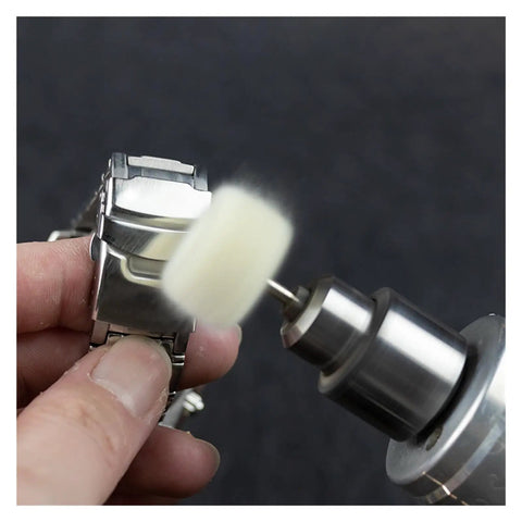 Premium Wool Felt Buffing Wheels With 3mm Shank For Rotary Tools, Soft Polishing Heads used for cleaning a metal watch band.