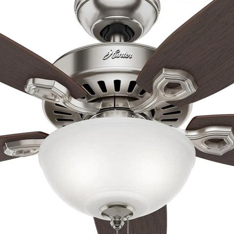 Close-up of 52 Inch Indoor Ceiling Fan With Energy Efficient LED Light And Included Bulbs, Pull Chain, Brushed Nickel Finish, 5 Blades