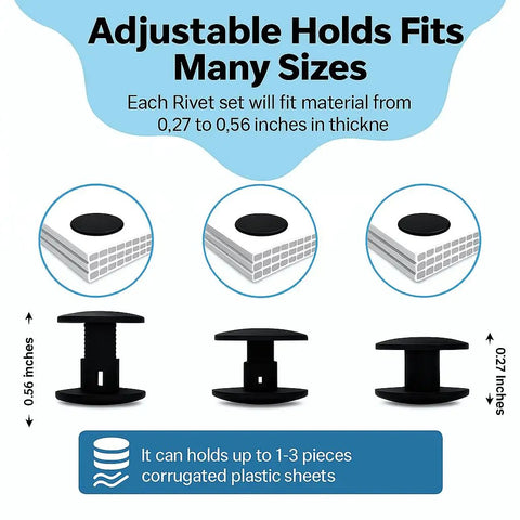 Adjustable Knockout Quality Ratchet Rivets For Coroplast C And C Cage Panels fit 0.27 to 0.56 inches thick materials.