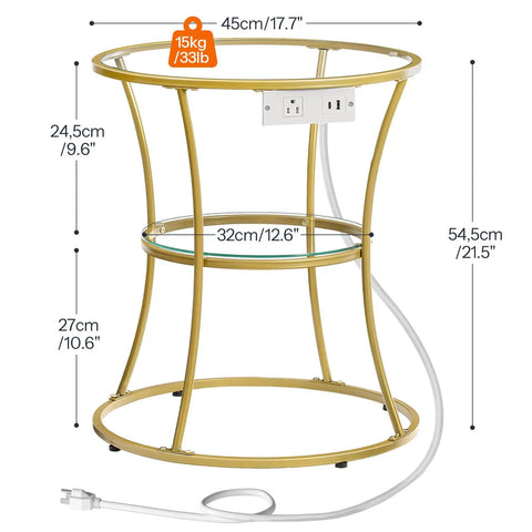 Round End Table With Charging Station And Glass Top, 2-Tier Gold Accent Side Table For Tiny Spaces, Perfect Nightstand Or Coffee Table, Dope Space Saver With AC Outlet, USB, Type-C And Long Power Cord dimensions and features