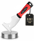 8 In 1 Paint Scraper Tool With Metal Hammer End Durable stainless steel blade and red handle on stand