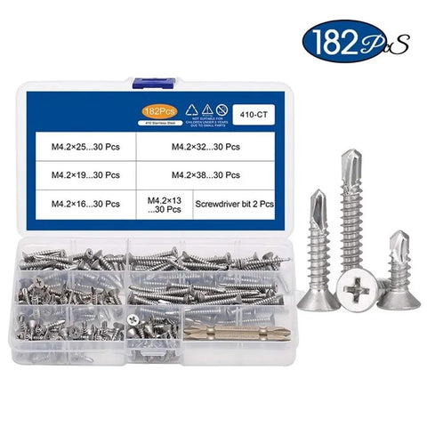 182Pcs Cross Flat Head Self Drilling Tapping Screws Kit M4.2 Washer Bolts 410 Stainless Steel in box with label and bits
