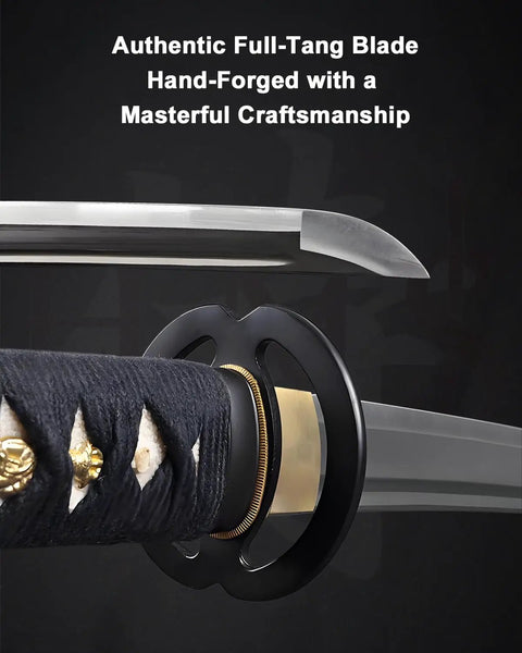 Close-up of the Unsharpened Stainless Steel Katana Iaito For Iaido Practice, 28.5 Inch Blade With Bo-Hi Fuller showcasing full-tang and tsuba.