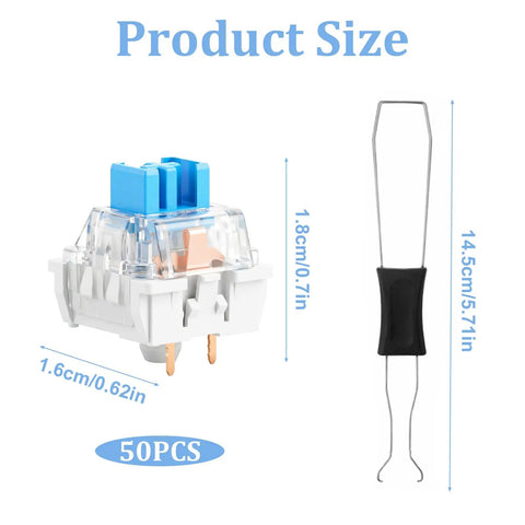 Blue 3 Pin Clicky Mechanical Keyboard Switches Set, 50 Pcs With Switch Puller, Waterproof, Easy Replacement for Gaming Keyboards, Durable Acrylic Zinc Alloy and Precision Steel Build for Smooth Tactile Feedback. Product Size 1.6cm switch, 14.5cm puller