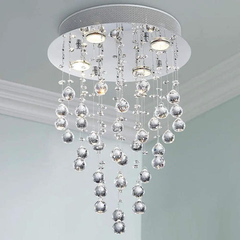 Lit Modern Crystal Round Raindrop Chandelier Flush Mount LED Ceiling Light Fixture For Dining Room Living Room Bedroom And Bathroom 14 Inch Wide 20 Inch High 4 GU10 Bulbs Required Dimmable And Energy Saving Compatible