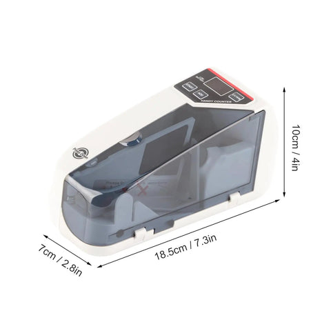 Portable Handheld Mini Cash Counting Machine for Bills and Currency On the Go with dimensions on display