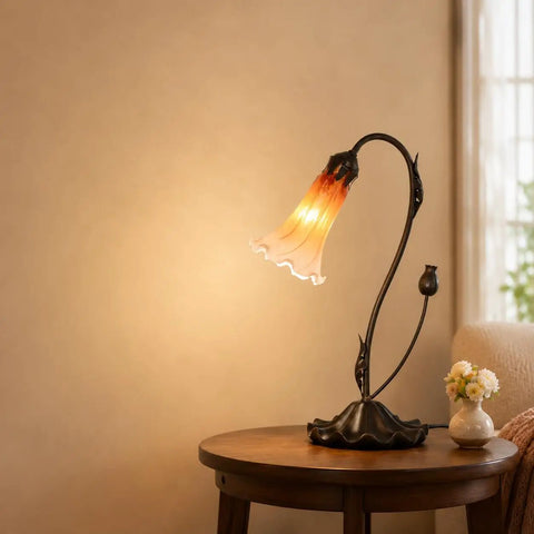 Lily Flower Blown Glass Table Lamp, Orange, 1 Light, Accent Lighting for Living Room and Bedroom, on wooden table.