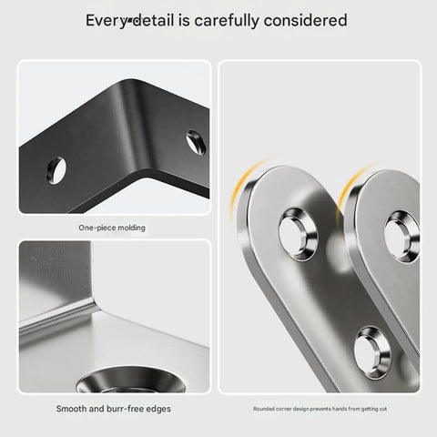 Detail of Beefy L Shaped Steel Corner Braces Set for shelves and furniture showing smooth edges and rounded corners.