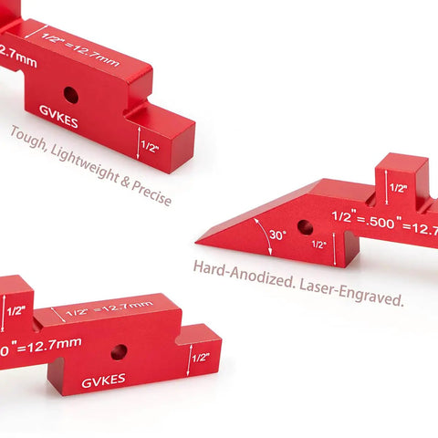 Top Tier Dead Nuts Precise 8 Piece 6061 T6 Aluminum Setup Blocks Pro Grade Woodworking Gauge Set Professional Height Depth Measurement Tools For Router And Table Saws showing detailed laser markings on red aluminum blocks.