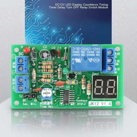 Front view of 12V Digital LED Countdown Timer And Delay Relay Module With Adjustable 1 To 99 Seconds Or Minutes Trigger To Connect And Auto Disconnect Dope DIY Automation For Home Projects And Electronics.