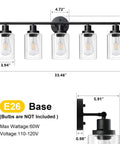 Slick Black 5 Light Vanity Fixture With Clear Glass Shades, E26 Base, dimensions labeled, side and front view