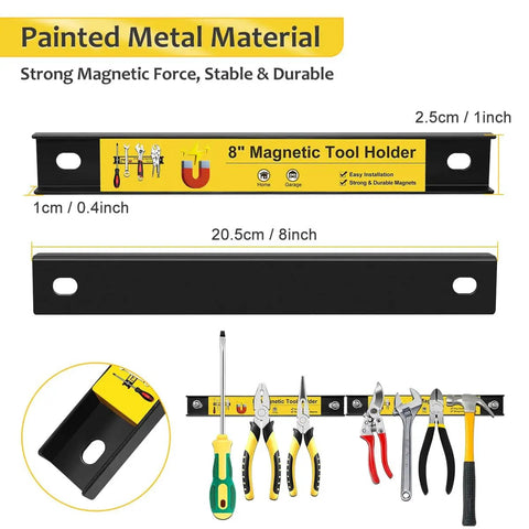 8 Inch Magnetic Tool Holder Strips Set Of 4 Heavy Duty Magnetic Bars for Garage Wall Organization With Screws shown with tools