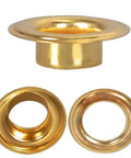 Three gold grommets from the All In One Grab And Go Eyelet Grommet Pliers Kit With 1 Hole Punch And 100 Gold Grommets for crafts.