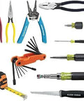 All In One Multi Bit Driver And Pliers Kit With Wire Stripper And Tape Measure For The Jobsite, Made In USA, 11 Piece Set, Includes High Leverage Diagonal Pliers For 36 Percent More Cutting Power displayed with tools.