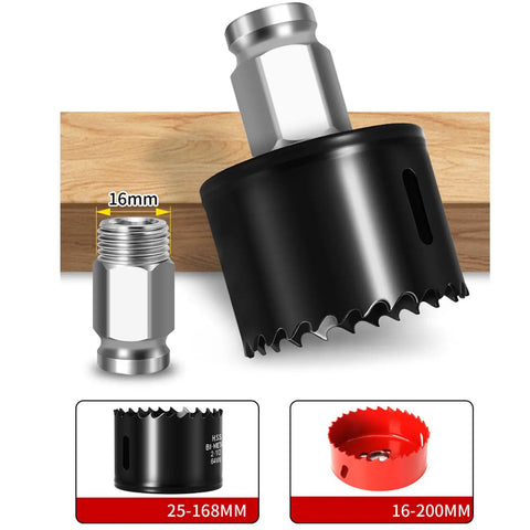Heavy Duty Manganese Steel Hole Saw Arbor Adapter With 10mm Hex Shank Quick Swap Shaft shown with 16mm female thread and metal cutting capability.