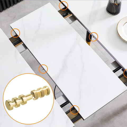 Premium Brass Table Leaf Dowel Pins And Extension Table Connectors in use, securing marble table leaves with alignment sleeves.