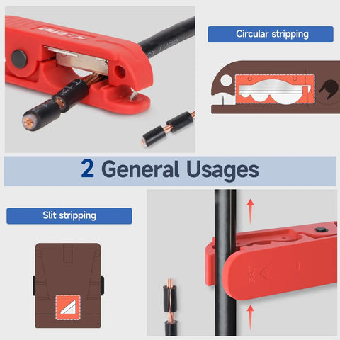 Round Cable Stripper For AWG 12 To Four Zero Pro Grade Beefy Adjustable Jacket Stripping Tool shown with usage diagrams.