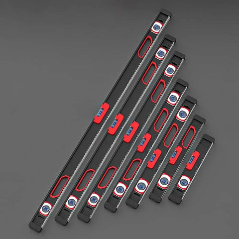 High Precision Aluminum Alloy Level with Exposed Magnets, various sizes displayed on a dark background for easy comparison.