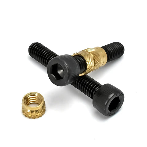 Brass Heat Insert Nuts Kit for 3D Printing and DIY Projects, 50 Piece Pack in M2 Through M6, Knurled Nut for High Torque, Secure Fit, Hex Socket Bolts, Hot Melt Thread Inserts for Strong, Reusable Reinforcement, brass insert and bolt close-up