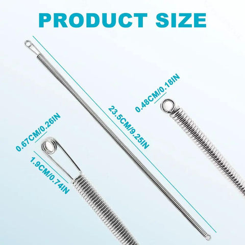 Two Pack Spring Drawstring Needle Threader Set dimensions with metal spring threaders and clip tips shown.