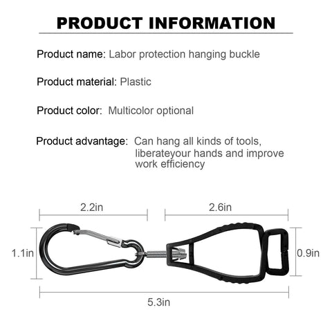 Diagram showing size and details of 4Pack Glove Clips For Work Gloves Holders, Heavy Duty Belt Clips, black, includes plastic buckle and hook.