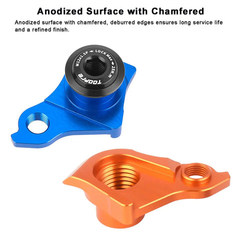 Beefy Universal Derailleur Hanger Replacement For SRAM UDH With CNC Aluminum Body in blue and orange, chamfered edges visible