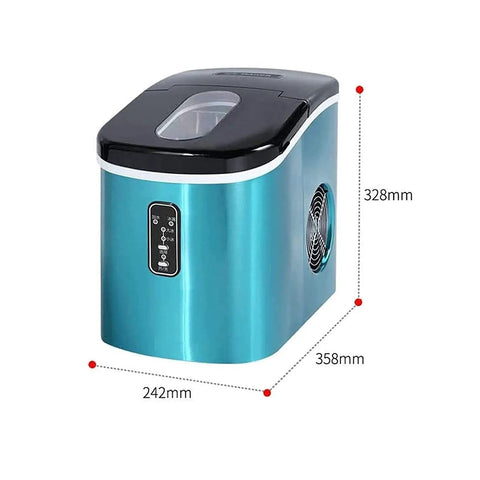 Big Time Countertop Ice Maker Machine For Kitchens And Offices Quick Freeze Crystal Clear Cubes Daily With Darn Quiet Operation And Slick Auto Drain Feature in teal finish with dimensions labeled.