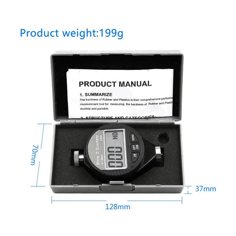 Hella Precise Electronic Digital Shore Durometer Type A D C Hardness Tester Meter in carrying case with manual showing LCD screen.