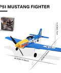 P51D Mustang RC Plane 4 Channel Fighter With 6 Axis Gyro Stabilization 2.4GHz beside product box showing dimensions