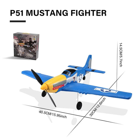 P51D Mustang RC Plane 4 Channel Fighter With 6 Axis Gyro Stabilization 2.4GHz beside product box showing dimensions