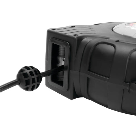 Close-up of 40 Foot 12 Gauge Retractable Power Cord Reel With Auto Rewind Spring Loaded showing cord exit