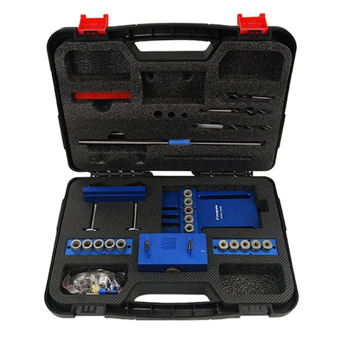 Adjustable Doweling Jig Kit with Five Drill Sleeves 6mm 8mm 10mm in Black Carry Case for Precision Dowel Hole Drilling in Woodworking