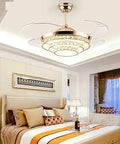 Chandelier Style 42 Inch Ceiling Fan With Lights Reversible Invisible Blades Fandelier With Remote Six Speeds in a bedroom
