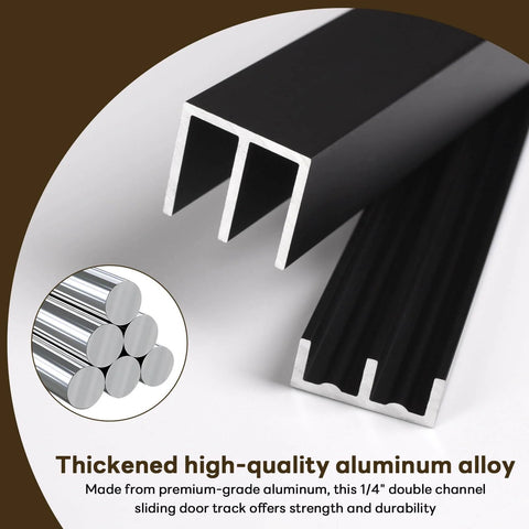 Aluminum Sliding Door Track Set For Quarter Inch Glass Panels, Black Finish, showing double channel rails close-up.