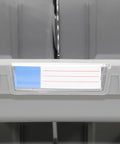 Close-up of Extra Large Stackable Storage Bins Two Pack With Heavy Duty Polypropylene Build in gray with hangable and side connect design.