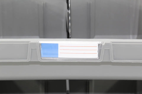 Close-up of Extra Large Stackable Storage Bins Two Pack With Heavy Duty Polypropylene Build in gray with hangable and side connect design.