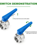 Butterfly valve, 4-inch stainless steel with blue lever handle and 119mm tri-clamp ferrule