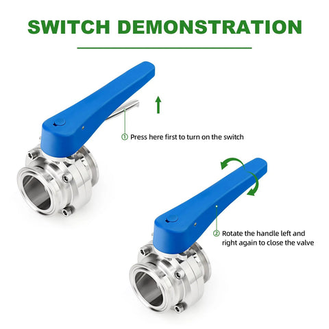 Butterfly valve, 4-inch stainless steel with blue lever handle and 119mm tri-clamp ferrule