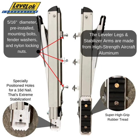 Permanent Mount Heavy Duty Ladder Levelers Full Kit With Pro Grade Side Tip Stabilizer Arms for Two Ladders, showing aluminum material and rubber tread.