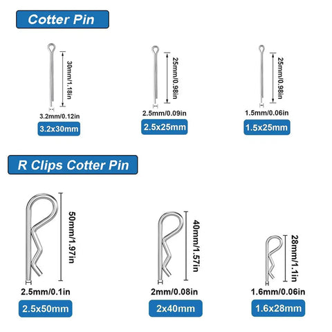 Image showing sizes and dimensions of assorted cotter and R clips from the 132Pcs 304 Stainless Steel Clevis Pins Cotter Pins R Clips Assortment Kit.