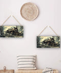Two Rusty Steam Locomotive Wooden Hanging Sign 6x12 Inch Vintage Wall Decor Plaque displayed on living room wall
